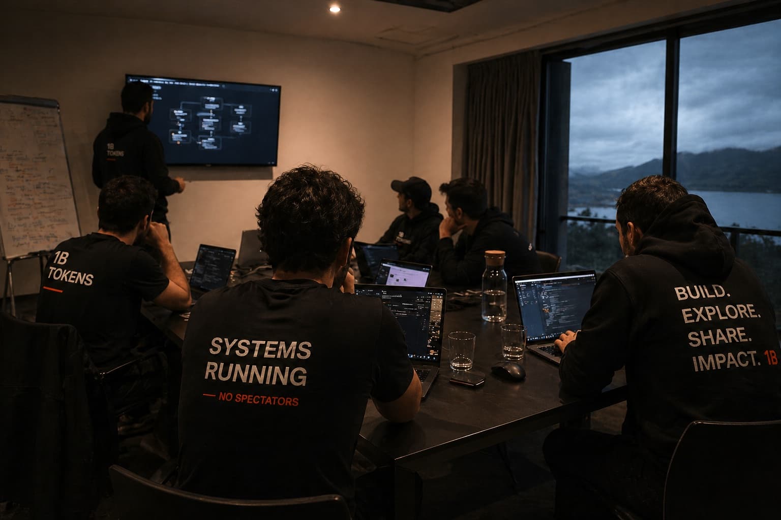 Small group of AI builders meeting with laptops open