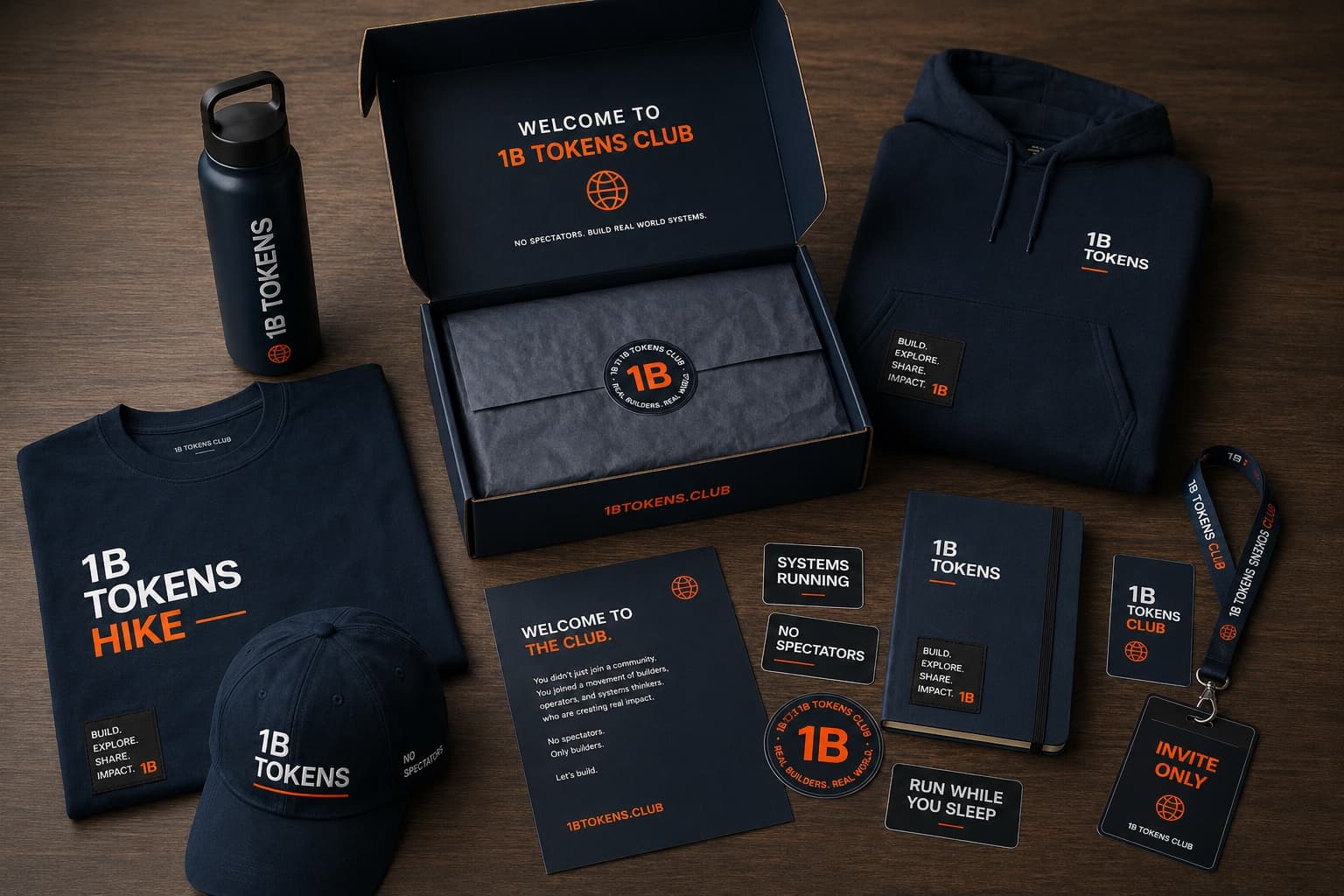 One Billion Tokens Club merch board with shirts, hoodie, hats, tote, bottle, notebook, patches, and packaging